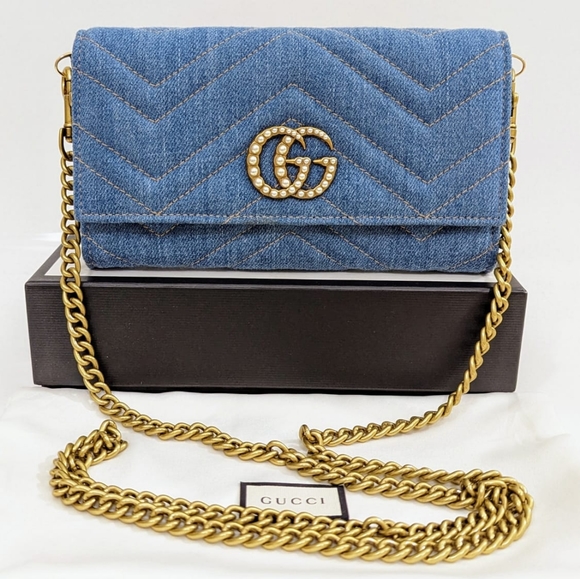 ✨️💎Rare Authentic Limited Edition Gucci marmont Denim Pearl GG Logo Long Wallet - Picture 10 of 15